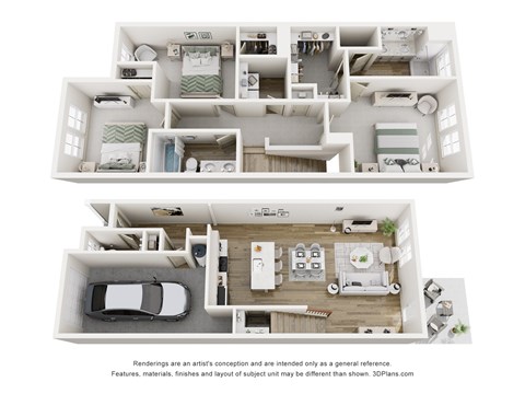 A 3D floor plan of a house with two bedrooms, a living room, a kitchen, and a garage.